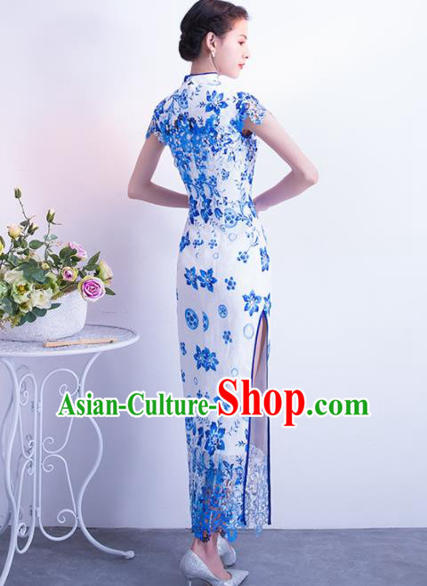 Chinese Traditional Blue Cheongsam Qipao Dress Elegant Compere Full Dress for Women
