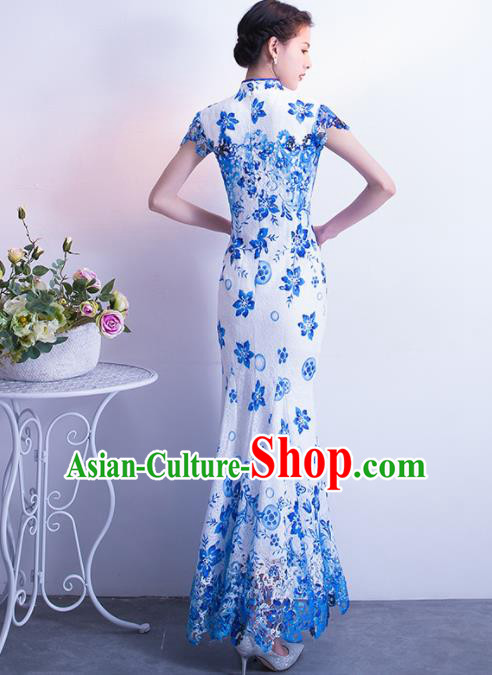 Chinese Traditional Blue Cheongsam Mermaid Qipao Dress Elegant Compere Full Dress for Women
