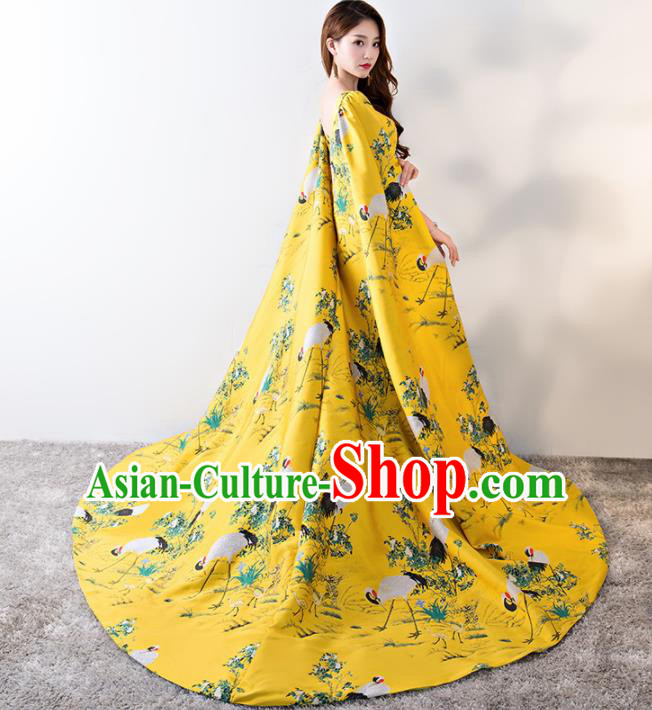 Chinese Traditional Trailing Yellow Mermaid Qipao Dress Elegant Compere Full Dress for Women