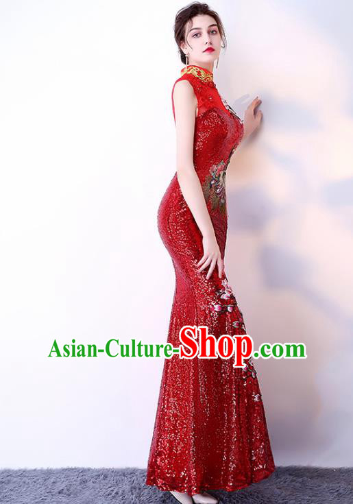 Chinese Traditional Red Cheongsam Elegant Embroidered Qipao Dress Compere Full Dress for Women