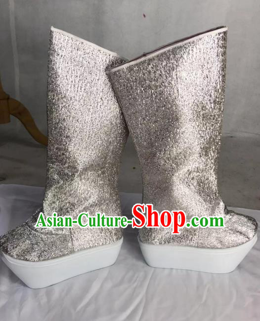Traditional China Beijing Opera Officer Argent Boots Ancient Chinese Peking Opera Takefu Shoes