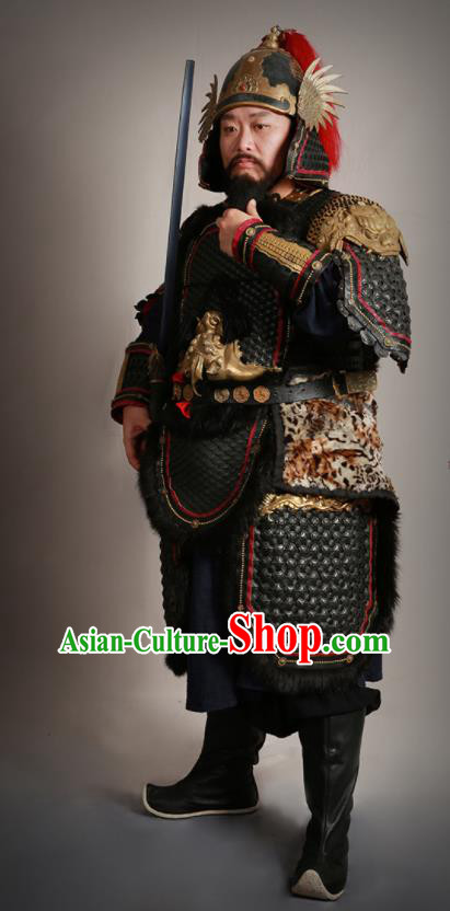 Traditional Chinese Song Dynasty General Body Armor and Helmet Ancient Military Officer Costumes for Men