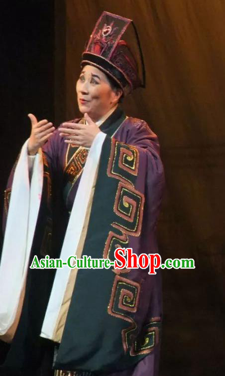 Chinese Ancient Qin Dynasty Prime Minister Zhao Gao Purple Hanfu Costumes and Hat Complete Set