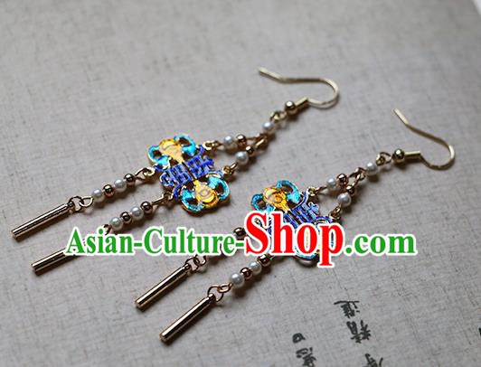Chinese Traditional Hanfu Blueing Ear Accessories Ancient Qing Dynasty Princess Earrings for Women