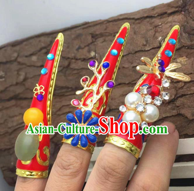 Chinese Traditional Hanfu Red Fingernail Accessories Ancient Qing Dynasty Court Queen Nail Wrap for Women