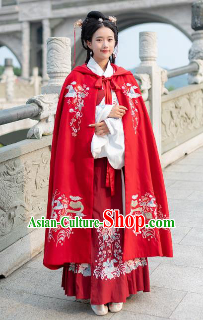 Traditional Chinese Ming Dynasty Court Princess Replica Costumes Ancient Red Hanfu Cape Complete Set for Women