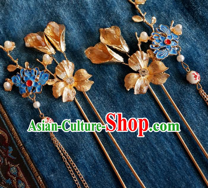 Chinese Ancient Ming Dynasty Princess Blueing Lotus Tassel Hairpins Traditional Hanfu Court Hair Accessories for Women