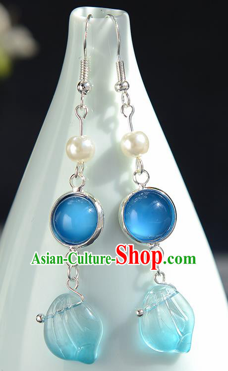 Chinese Traditional Hanfu Court Blue Ear Accessories Ancient Ming Dynasty Princess Earrings for Women