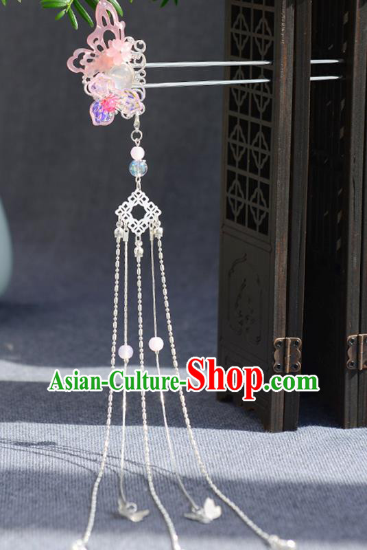 Chinese Ancient Ming Dynasty Princess Pink Butterfly Tassel Hairpins Traditional Hanfu Court Hair Accessories for Women