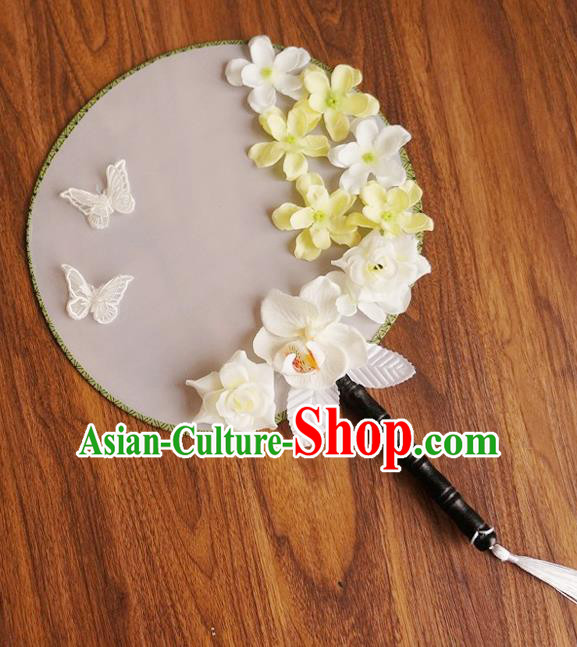 Chinese Traditional Hanfu Handmade Yellow Flowers Palace Fans Ancient Princess Silk Round Fan for Women