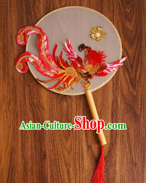Chinese Traditional Hanfu Handmade Red Phoenix Palace Fans Ancient Princess Silk Round Fan for Women