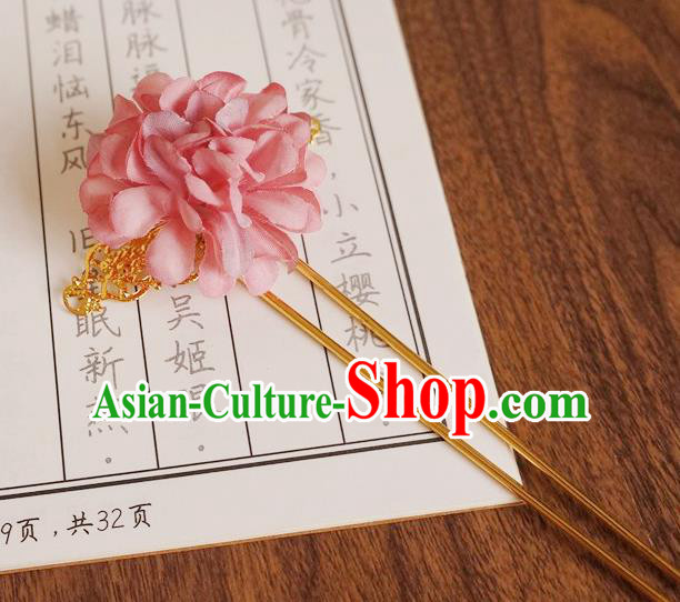 Chinese Ancient Princess Pink Silk Flower Hairpins Traditional Hanfu Court Hair Accessories for Women