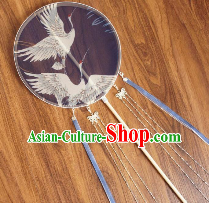 Chinese Traditional Hanfu Blue Ribbon Palace Fans Ancient Princess Silk Round Fan for Women