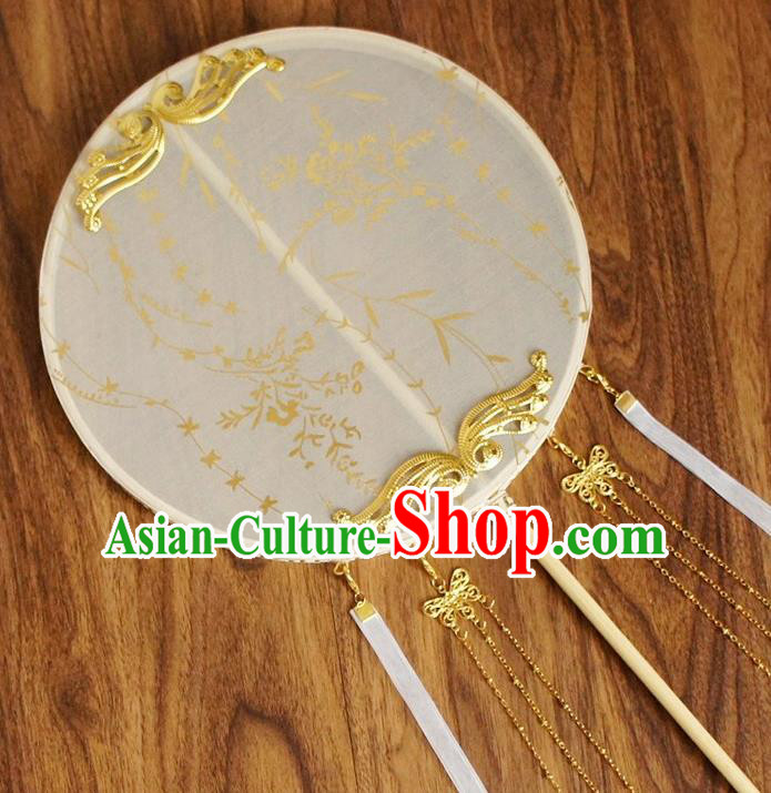 Chinese Traditional Hanfu White Silk Tassel Palace Fans Ancient Princess Round Fan for Women
