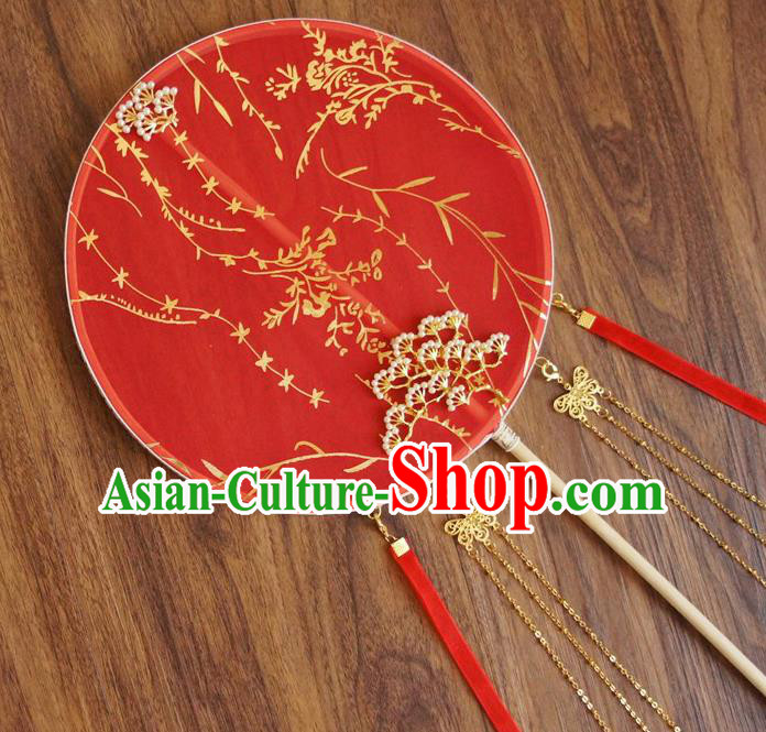 Chinese Traditional Hanfu Wedding Red Ribbon Palace Fans Ancient Princess Silk Round Fan for Women