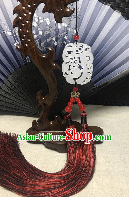 Traditional Chinese Hanfu Jade Carving Dragon Waist Accessories Ancient Swordsman Wine Red Tassel Pendant