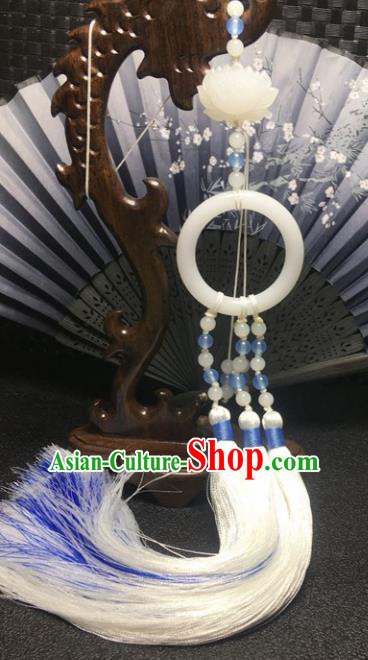 Traditional Chinese Hanfu White Jade Carving Lotus Waist Accessories Ancient Swordsman Brooch Tassel Pendant