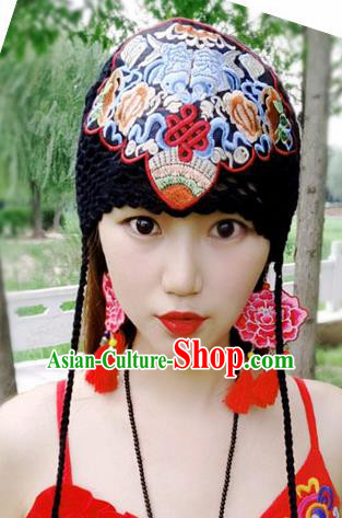 Chinese Traditional Ethnic Embroidered Hat National Handmade Black Wool Knitting Hat for Women
