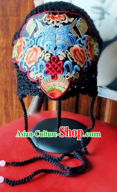 Chinese Traditional Ethnic Embroidered Hat National Handmade Black Wool Knitting Hat for Women