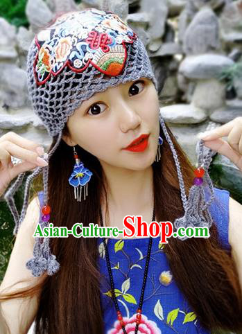 Chinese Traditional Ethnic Embroidered Hat National Handmade Grey Wool Knitting Hat for Women