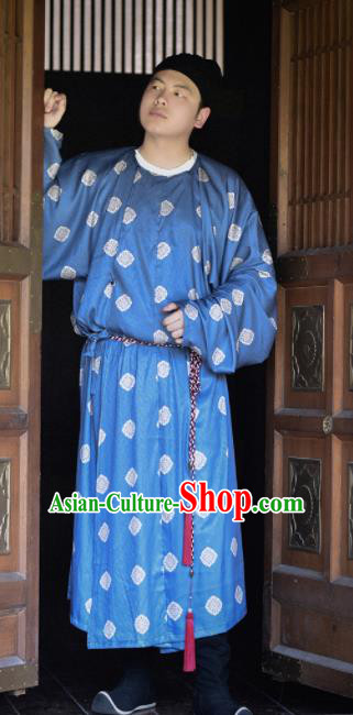 Traditional Chinese Tang Dynasty Civilian Replica Costumes Ancient Swordsman Blue Robe for Men