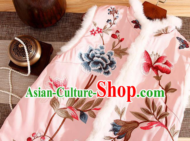 Chinese Traditional Embroidered Peony Pink Vest National Dress Embroidery Waistcoat for Women