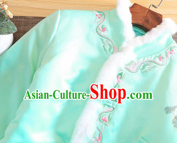 Chinese Traditional Winter Green Jacket National Costume Qipao Upper Outer Garment for Women