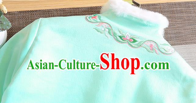 Chinese Traditional Winter Green Jacket National Costume Qipao Upper Outer Garment for Women