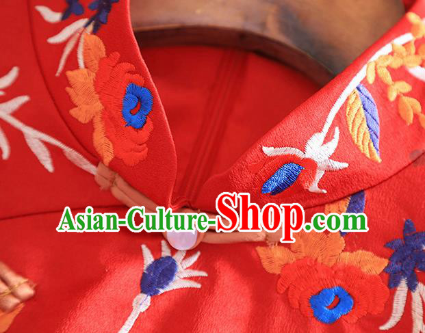 Chinese Traditional Embroidered Flowers Red Cheongsam National Costume Qipao Dress for Women
