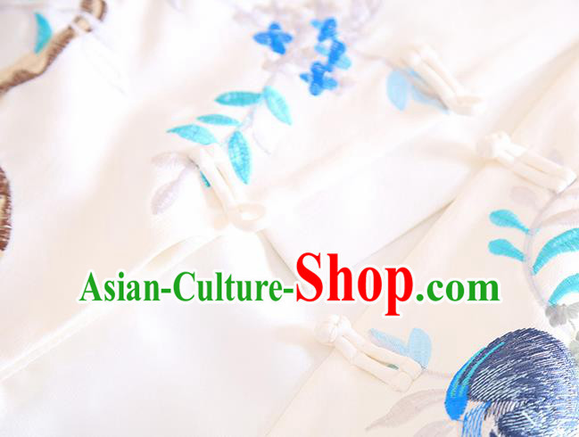 Chinese Traditional Embroidered White Jacket National Costume Qipao Upper Outer Garment for Women