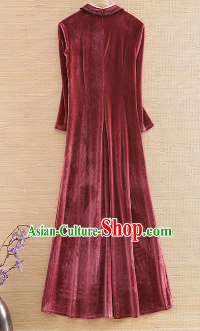 Chinese Traditional Rust Red Velvet Cheongsam National Costume Qipao Dress for Women