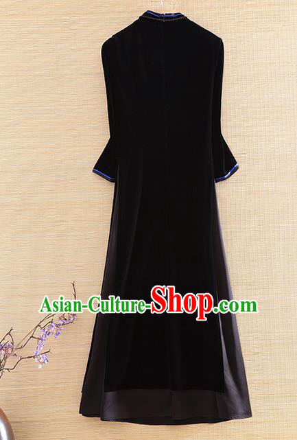 Chinese Traditional Embroidered Black Cheongsam National Costume Qipao Dress for Women