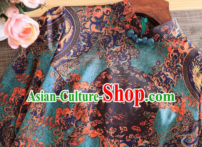 Chinese Traditional Tang Suit Printing Green Cheongsam National Costume Qipao Dress for Women