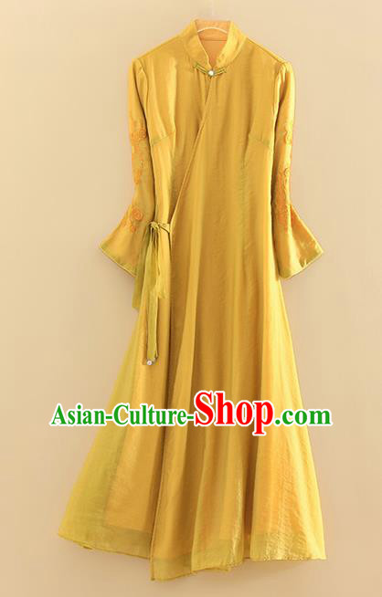 Chinese Traditional Tang Suit Embroidered Yellow Linen Cheongsam National Costume Qipao Dress for Women