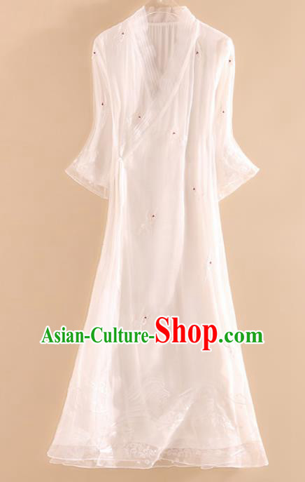 Chinese Traditional Tang Suit Embroidered Crane White Organza Cheongsam National Costume Qipao Dress for Women