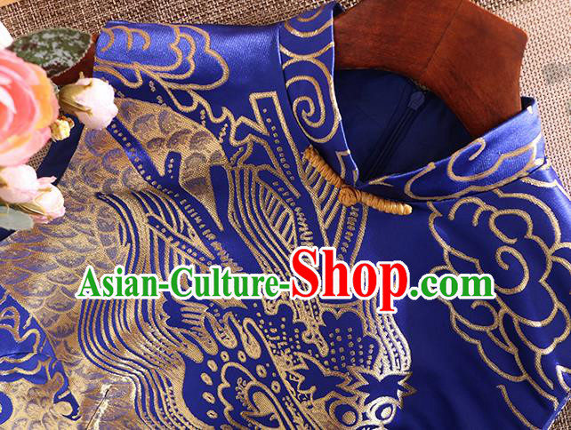 Chinese Traditional Tang Suit Royalblue Brocade Cheongsam National Costume Qipao Dress for Women