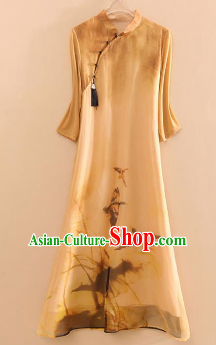 Chinese Traditional Tang Suit Ink Painting Organza Cheongsam National Costume Qipao Dress for Women