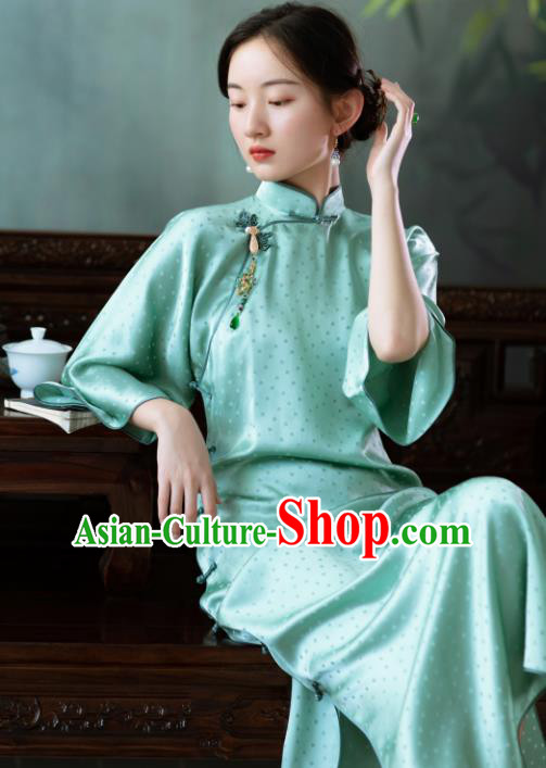 Traditional Chinese National Green Silk Qipao Dress Tang Suit Cheongsam Costume for Women
