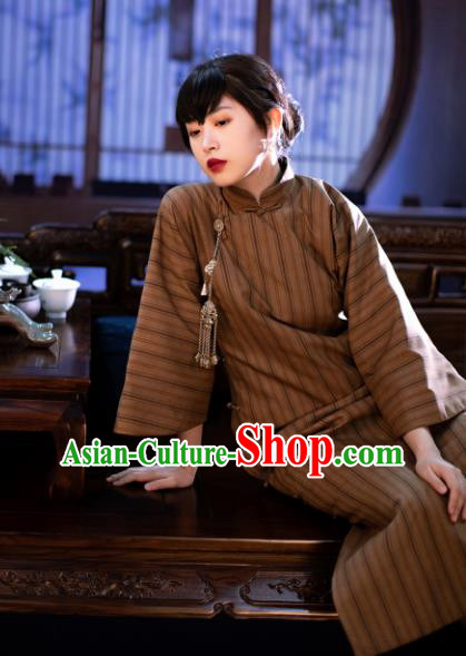 Traditional Chinese National Khaki Silk Qipao Dress Tang Suit Cheongsam Costume for Women