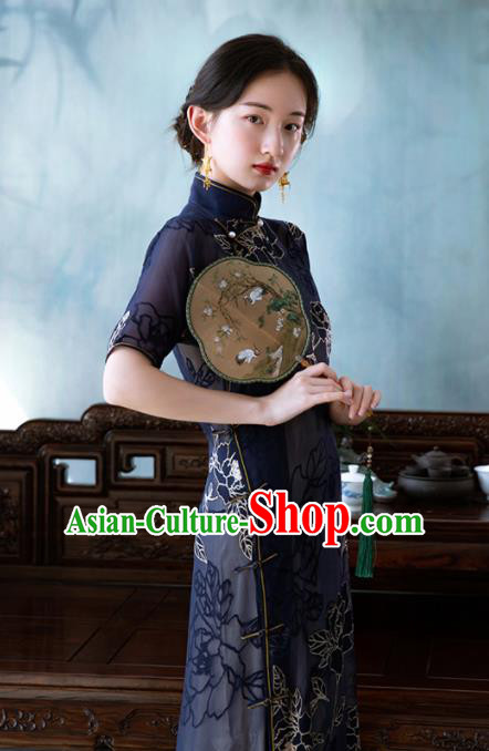 Traditional Chinese National Blue Velvet Qipao Dress Tang Suit Cheongsam Costume for Women