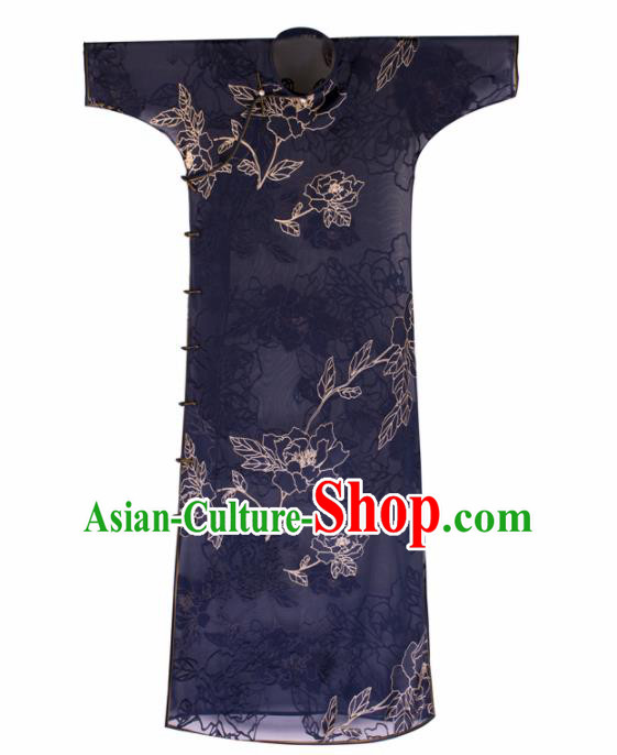 Traditional Chinese National Blue Velvet Qipao Dress Tang Suit Cheongsam Costume for Women