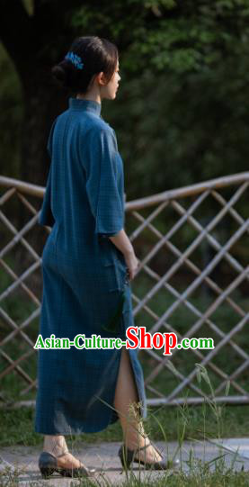 Traditional Chinese National Deep Blue Qipao Dress Tang Suit Cheongsam Costume for Women