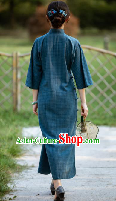 Traditional Chinese National Deep Blue Qipao Dress Tang Suit Cheongsam Costume for Women