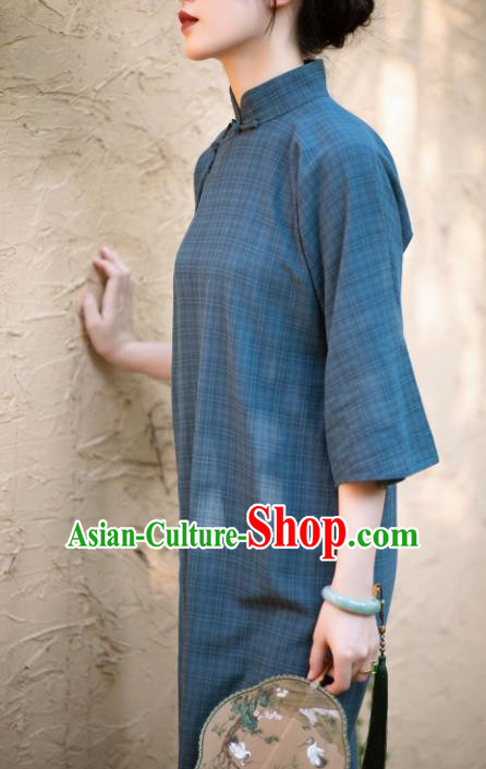 Traditional Chinese National Deep Blue Qipao Dress Tang Suit Cheongsam Costume for Women