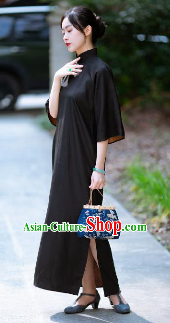 Traditional Chinese National Black Silk Qipao Dress Tang Suit Cheongsam Costume for Women