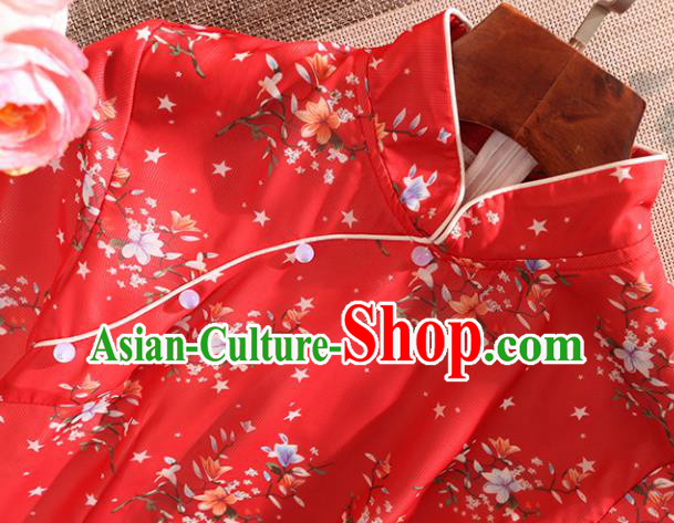 Chinese Traditional Tang Suit Printing Red Cheongsam National Costume Qipao Dress for Women