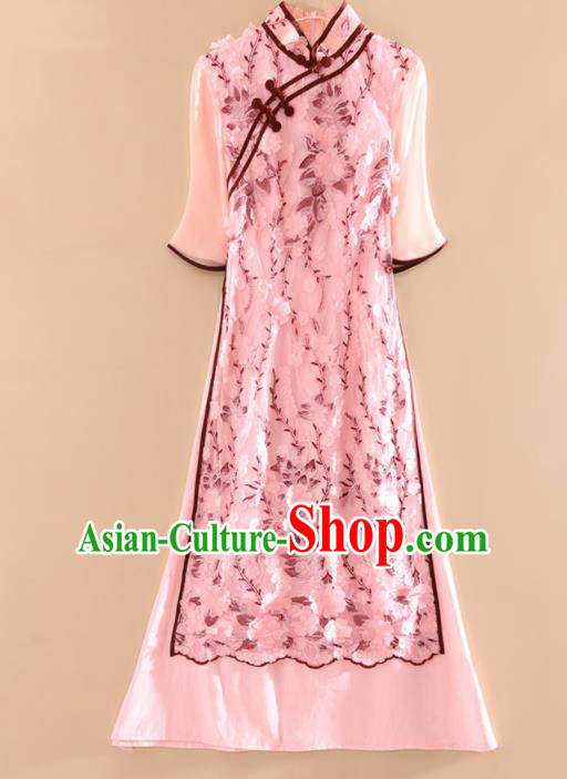 Chinese Traditional Tang Suit Printing Pink Cheongsam National Costume Qipao Dress for Women