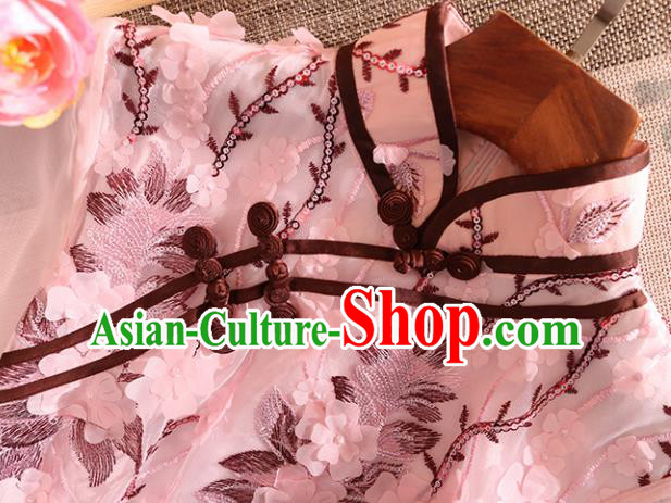 Chinese Traditional Tang Suit Printing Pink Cheongsam National Costume Qipao Dress for Women