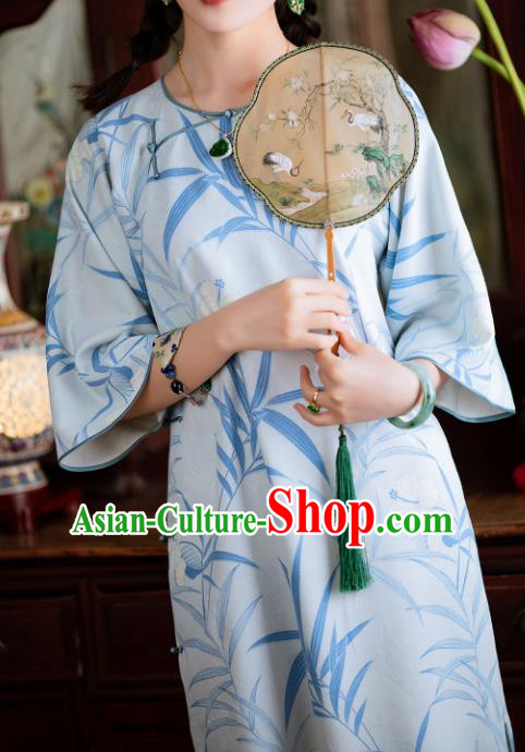 Traditional Chinese National Printing Bamboo Light Blue Qipao Dress Tang Suit Cheongsam Costume for Women