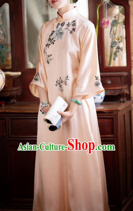Traditional Chinese National Embroidered Peony Pink Silk Qipao Dress Tang Suit Cheongsam Costume for Women